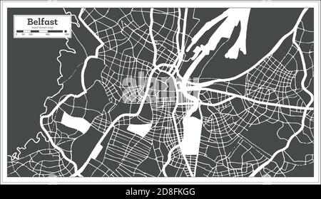 Mappa della città di Belfast in Gran Bretagna in bianco e nero in stile retro. Mappa di contorno. Illustrazione vettoriale. Illustrazione Vettoriale