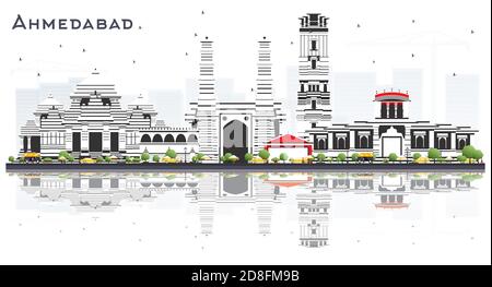 Ahmedabad India City Skyline con edifici a colori e riflessi isolati su bianco. Illustrazione vettoriale. Illustrazione Vettoriale