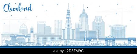 Profilo Cleveland Ohio City Skyline con edifici blu. Illustrazione vettoriale. Cleveland USA con monumenti storici. Illustrazione Vettoriale