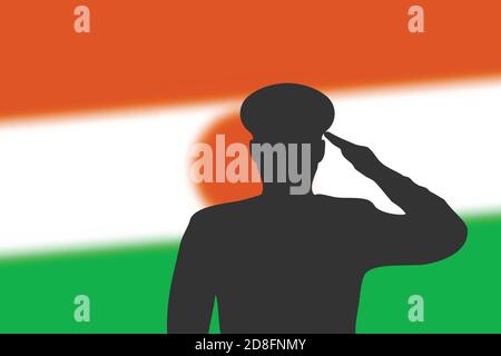 Saldare la silhouette su sfondo sfocato con la bandiera Niger. Modello per il giorno del memoriale Illustrazione Vettoriale