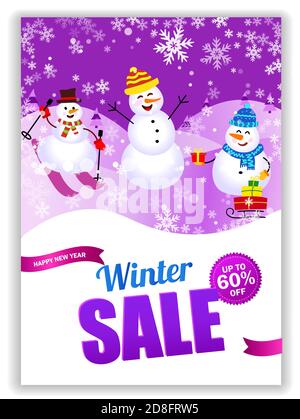 Poster Buon Natale. Sconti invernali fino a 60 di sconto. Tre pupazzi di neve grandi e piccoli. Su sfondo viola e bianco. Illustrazione Vettoriale