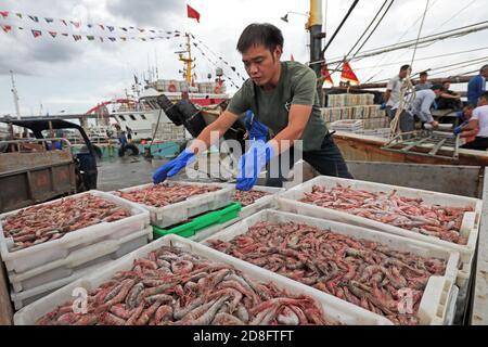 I pescatori hanno messo il pesce appena raccolto in cestini nella città di Zhoushan, nella provincia di Zhejiang della Cina orientale, il 20 settembre 2020. Foto Stock