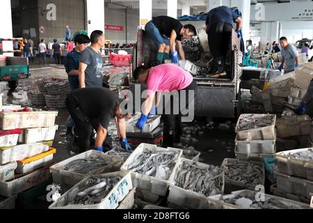 I pescatori hanno messo il pesce appena raccolto in cestini nella città di Zhoushan, nella provincia di Zhejiang della Cina orientale, il 20 settembre 2020. Foto Stock