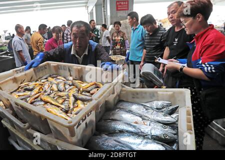 I pescatori hanno messo il pesce appena raccolto in cestini nella città di Zhoushan, nella provincia di Zhejiang della Cina orientale, il 20 settembre 2020. Foto Stock