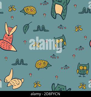 Modello senza cuciture con animali da bosco doodle su sfondo verde. Illustrazione vettoriale. Illustrazione Vettoriale