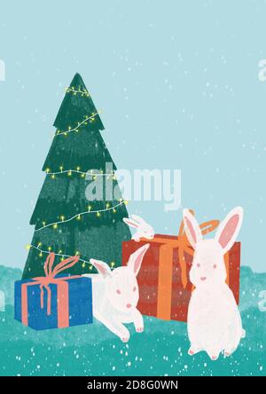 Illustrazione di Natale disegnata a mano con coniglietti e albero di Natale. Stampa carina per inviti, poster, tag, biglietti. Stampe in stile cartoon Foto Stock