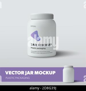 Modello vettoriale vaso con tappo a vite, con presentazione di design, ombre realistiche, per la pubblicità in farmacia, industria di bellezza.Mockup bottiglia di plastica fo Illustrazione Vettoriale