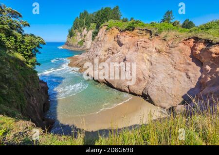 Una piccola insenatura con una spiaggia di sabbia circondata da scogliere sul mare. Fotografato vicino a Whiritoa sulla penisola di Coromandel, Nuova Zelanda Foto Stock