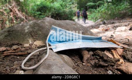 Immagine di una maschera facciale gettata a terra un parco Foto Stock