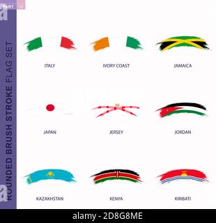 Set di bandiere con pennellate arrotondate, bandiere d'Italia, Costa d'Avorio, Giamaica, Giappone, Jersey, Giordania, Kazakistan, Kenya, Kiribati Illustrazione Vettoriale