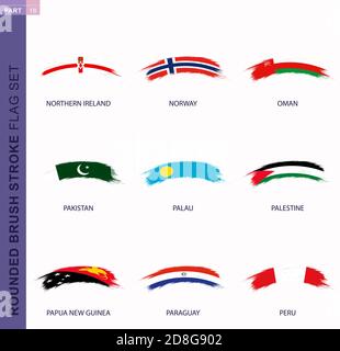 Set di bandiere con pennellata arrotondata, bandiere di Irlanda del Nord, Norvegia, Oman, Pakistan, Palau, Palestina, Papua Nuova Guinea, Paraguay, Perù Illustrazione Vettoriale