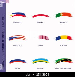Set di bandiere con pennellata arrotondata, bandiere di Filippine, Polonia, Portogallo, Porto Rico, Qatar, Romania, Russia, Ruanda, Saint Kitts e Nevis Illustrazione Vettoriale