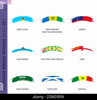 Set di bandiere con pennellata arrotondata, bandiere di Santa Lucia, San Vincenzo e Grenadine, Samoa, San Marino, Sao Tomé e Principe, Sark, Arabia Saudita Illustrazione Vettoriale