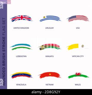 Set di bandiere con pennellata arrotondata, bandiere di Regno Unito, Uruguay, USA, Uzbekistan, Vanuatu, Città del Vaticano, Venezuela, Vietnam, Galles Illustrazione Vettoriale