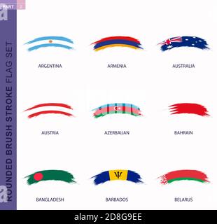 Set di bandiere con pennellata arrotondata, bandiere di Argentina, Armenia, Australia, Austria, Azerbaigian, Bahrein, Bangladesh, Barbados, Bielorussia Illustrazione Vettoriale