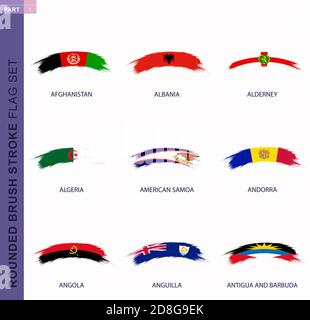 Set di bandiere a pennello arrotondato, bandiere di Afghanistan, Albania, Alderney, Algeria, Samoa Americane, Andorra, Angola, Anguilla, Antigua e Barbuda Illustrazione Vettoriale