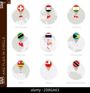 Carta e bandiera in un cerchio di 9 paesi: Svizzera, Siria, Taiwan, Tagikistan, Tanzania, Thailandia, Bahamas, Tonga, Trinidad e Tobago Illustrazione Vettoriale