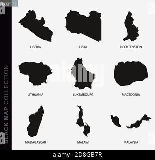 Mappa nera, mappe di contorno nere del mondo. Raccolta mappe parte 13. Illustrazione Vettoriale