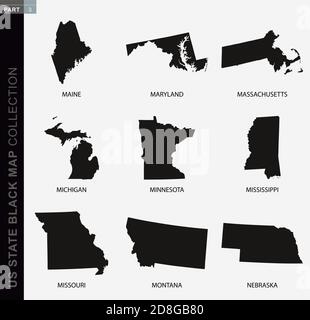 Mappa nera degli stati Uniti, mappe di contorno nere. RACCOLTA mappe degli Stati UNITI parte 3. Illustrazione Vettoriale