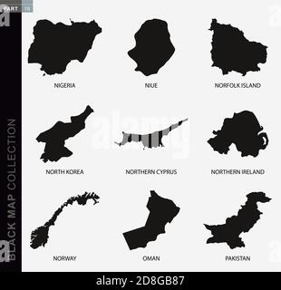 Mappa nera, mappe di contorno nere del mondo. Raccolta mappe parte 16. Illustrazione Vettoriale