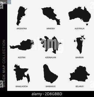 Mappa nera, mappe di contorno nere del mondo. Raccolta mappe parte 2. Illustrazione Vettoriale