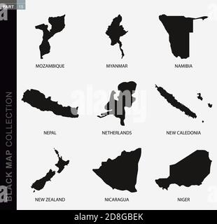 Mappa nera, mappe di contorno nere del mondo. Raccolta mappe parte 15. Illustrazione Vettoriale