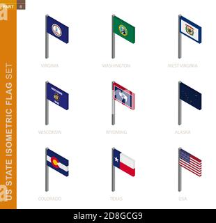 Stato USA allarme isometrico impostato, flagpole in dimensione isometrica. Raccolta di nove flag di stato US vettoriali 3D. Illustrazione Vettoriale