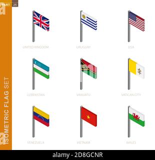 Set di allarmi isometrici, flagpole nella dimensione isometrica. Raccolta di nove flag vettoriali 3D. Illustrazione Vettoriale