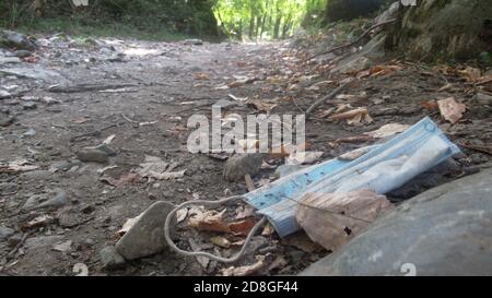 Immagine di una maschera facciale gettata a terra un parco Foto Stock