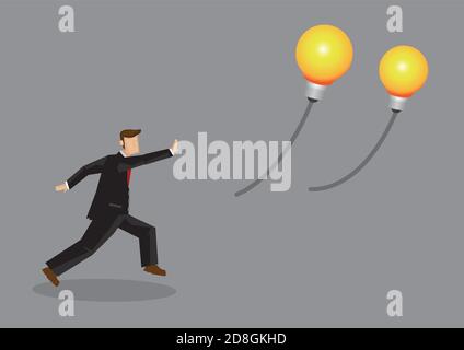 Uomo cartone animato in tuta da lavoro in esecuzione dopo la luce palloncino bulbo che stanno volando via. Illustrazione vettoriale creativa per il concetto di inseguimento dopo lo shin Illustrazione Vettoriale