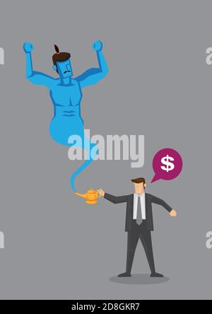 Cartoon businessman richiesta di denaro da genie blu provenienti da Golden Magic lampada olio. Illustrazione vettoriale creativa sul concetto di ricchezza isola Illustrazione Vettoriale