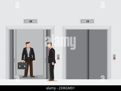 Uomo con borsa da lavoro all'interno dell'ascensore e uomo in tuta in piedi all'esterno. Illustrazione vettoriale di cartoni animati della scena quotidiana presso l'ascensore della lobby in un giorno d'affari. Illustrazione Vettoriale