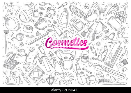 Set di doodles cosmetici disegnati a mano con lettere in vettore Foto Stock