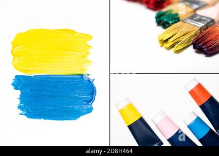 collage di vernici acriliche, pennellate e pennellate sporche su sfondo bianco Foto Stock