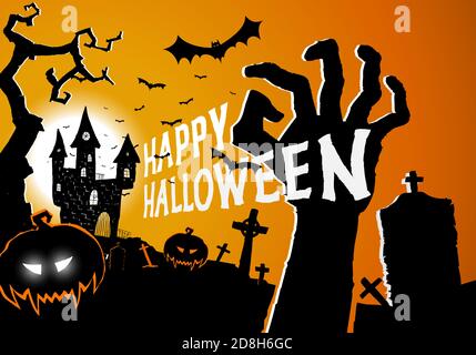 Biglietto d'auguri di Halloween con gli elementi dell'orrore creepy castello, mano da tomba, zucca e cimitero. Poster delle feste di Halloween felice, invito alla festa f Illustrazione Vettoriale