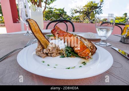 L'aragosta alla griglia è ben posizionata su un piatto con un contorno di purè di patate, banana fritta, verdure, riso e un bicchiere di cocktail Foto Stock