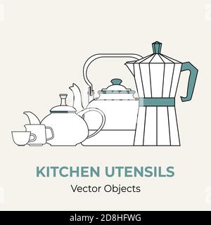 Bevanda caffè tè set concetto vettore isolato. Bollitore per tè tazza tazza macchina per caffè moka pot semplice forma illustrazione Illustrazione Vettoriale