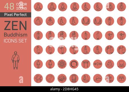 Insieme di icone del buddismo zen. Attività dei monaci buddisti e delle monache Zen nel monastero. Principali simboli buddisti. Illustrazione Vettoriale