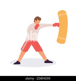 Uomo in guanti di pugile che si esercita con sacchetto di punzonatura in palestra. Uomo sportivo durante l'allenamento di pugilato in palestra, illustrazione vettoriale piatta Illustrazione Vettoriale