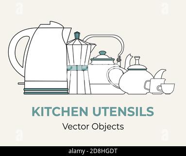 Bevanda caffè tè set concetto vettore isolato. Bollitore per tè tazza tazza macchina per caffè moka pot semplice forma illustrazione Illustrazione Vettoriale