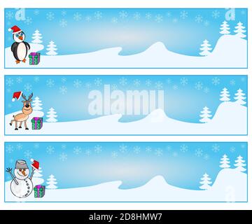 Set di striscioni orizzontali di Natale con scatola regalo, pinguino, pupazzo di neve e cervi. Biglietti di auguri di Natale e Capodanno con copy space.Vector illustrazione Illustrazione Vettoriale