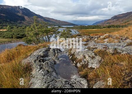 Il fiume Kinlochewe e Loch Maree in autunno, Kinlochewe NW Highlands, Scozia Regno Unito Foto Stock