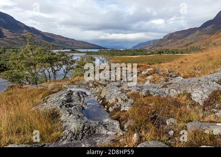Il fiume Kinlochewe e Loch Maree in autunno, Kinlochewe NW Highlands, Scozia Regno Unito Foto Stock