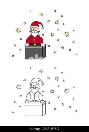 Pagina da colorare di Natale. Babbo Natale che esce dal camino. Colorazione per bambini. Illustrazione Vettoriale