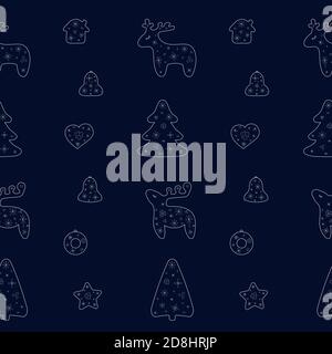 Natale motivo bianco trasparente senza cuciture su sfondo blu scuro. Illustrazione vettoriale con cervo stilizzato, albero, cuore, stella, corona, campana, casa. Illustrazione Vettoriale