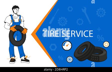 Servizio ruote pneumatici o negozio, garage riparazione auto banner cartoon illustrazione vettoriale. Illustrazione Vettoriale