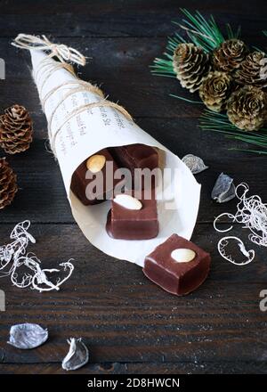 cubetti di pan di zenzero con glassa di cioccolato in un sacchetto di carta, decorato con ramo di pino, e un alce taglierina del biscotto Foto Stock