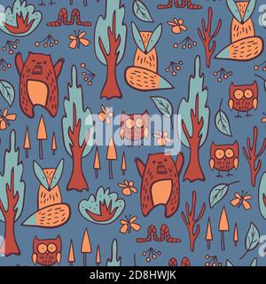 Modello senza cuciture con animali da bosco doodle su sfondo blu. Cute disegno a mano per i tessuti dei bambini. Illustrazione vettoriale. Illustrazione Vettoriale