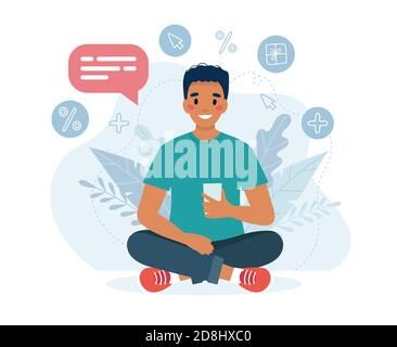 Uomo nero che utilizza lo smartphone. Illustrazione vettoriale in stile piatto Illustrazione Vettoriale