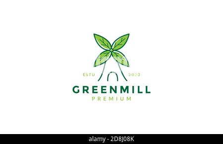 windmill linea arte contorno foglia pianta verde logo vettore icona design Illustrazione Vettoriale